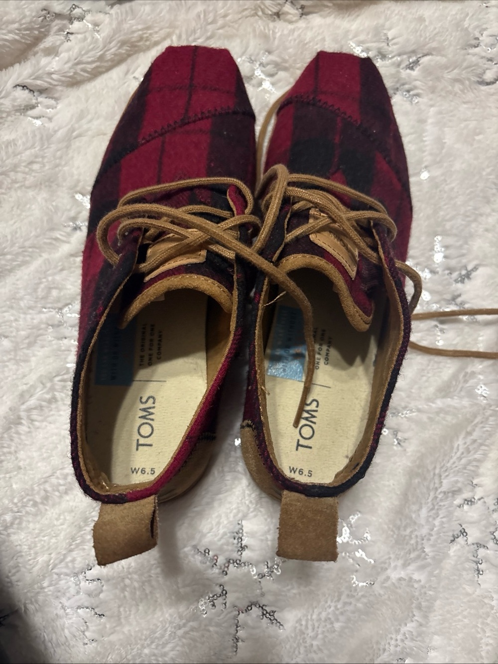 TOMS Burgundy Plaid Lace-Up Women's Shoes with Tan Trim